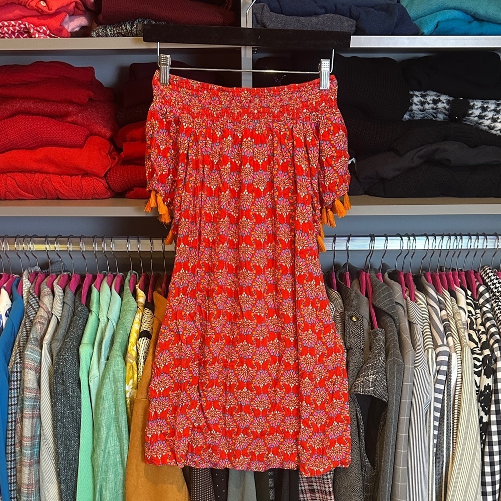 Escapada Living red/blue/orange print smocked off the shoulder dress size S